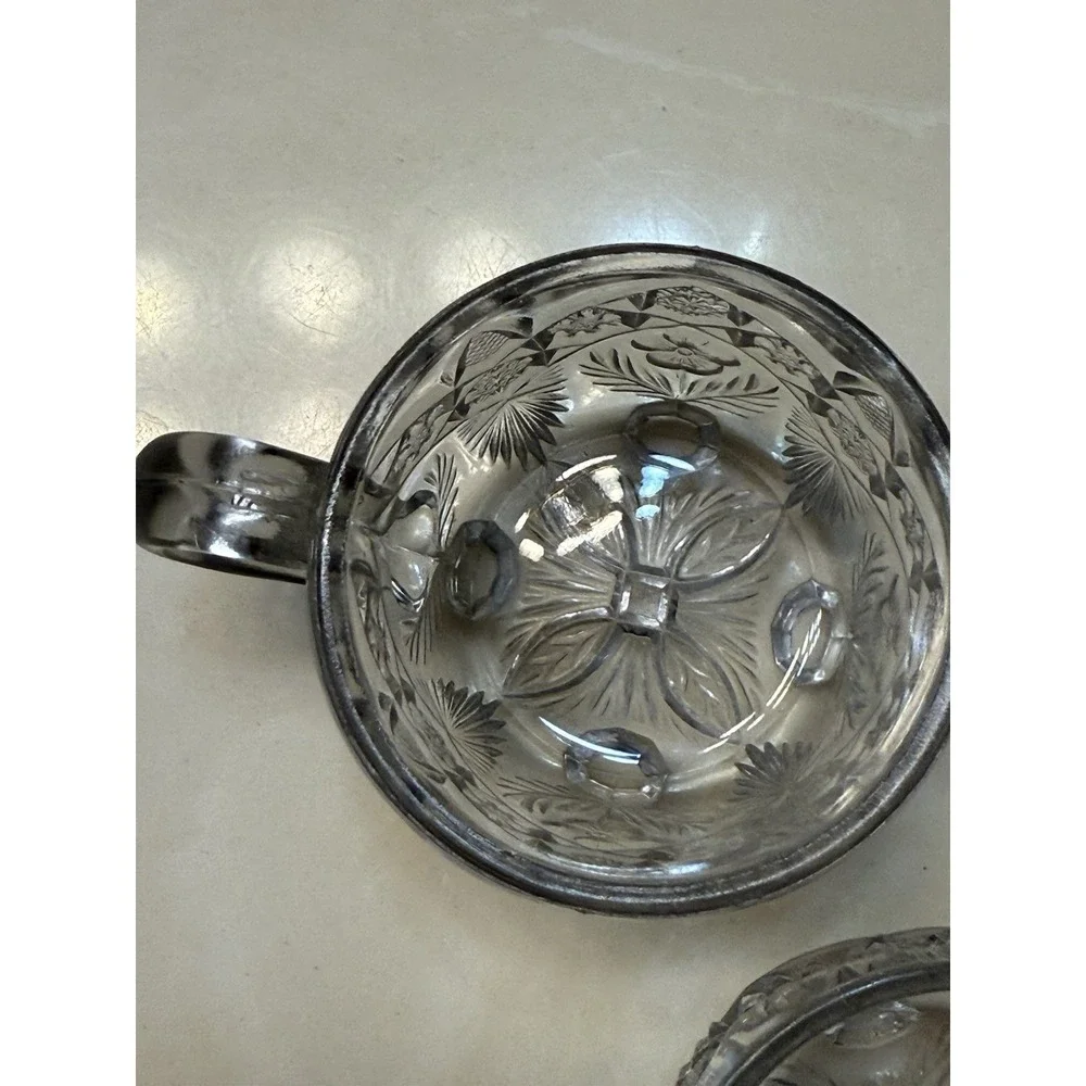 Uranium Glow Indian Glass Gaelic Footed Clear Punch Cup(s) with Handles 3 Total